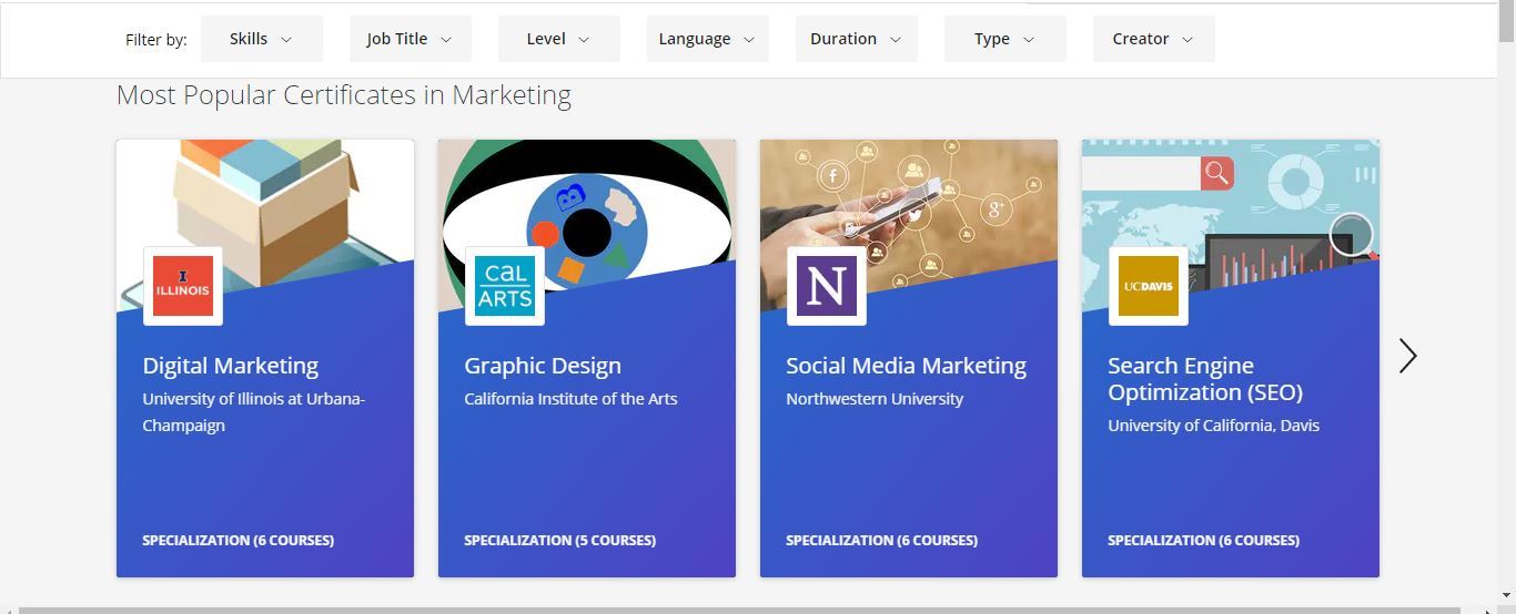 coursera most popular certificates in marketing