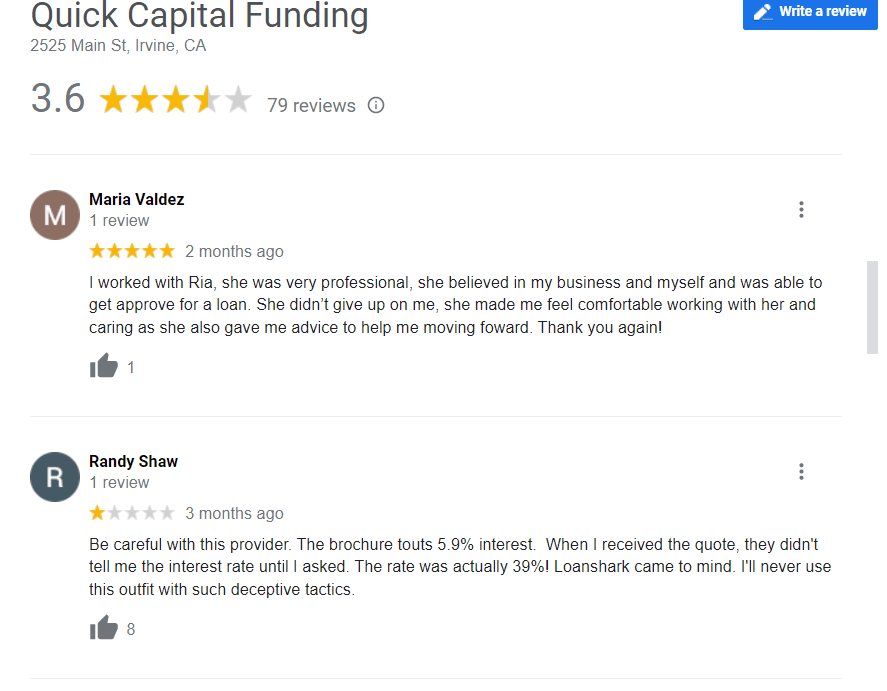 quick capital funding google reviewed